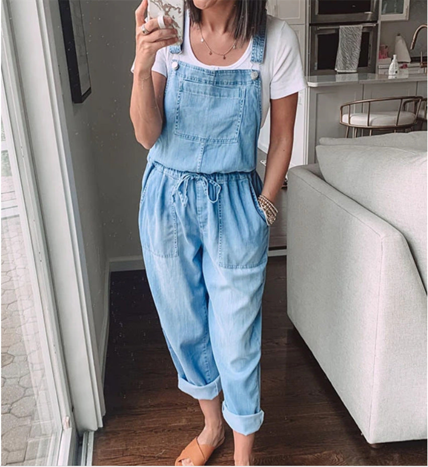 Woman`s Casual Drawstring Denim Overalls