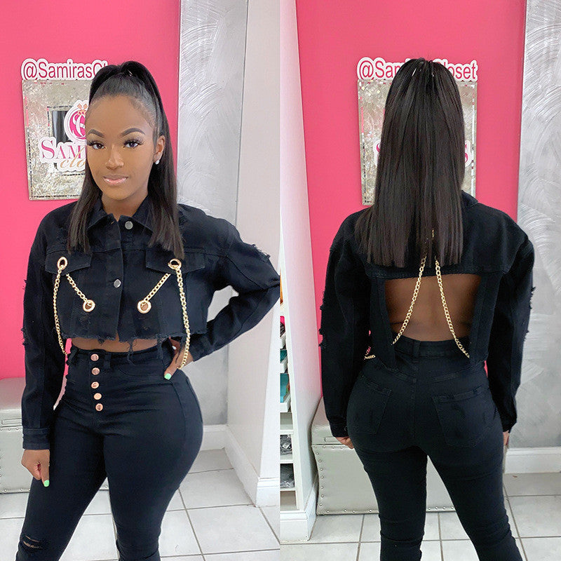 Short Frayed Denim Jacket Female Chain Fashion Denim Jacket