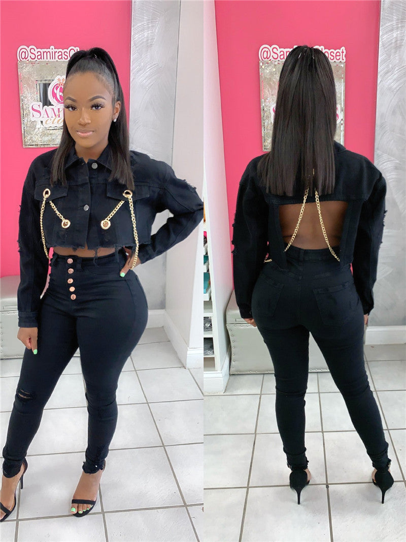 Short Frayed Denim Jacket Female Chain Fashion Denim Jacket