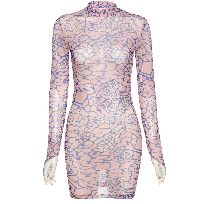 Digital Print Mesh Long Sleeve Partywear Hot Mini Dress - Woman`s Clothing