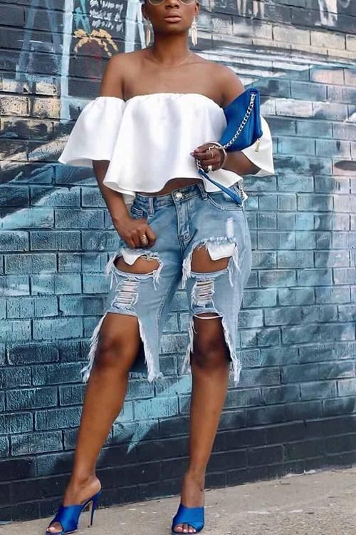 Ripped Loose Straight Denim Five-quarter Shorts