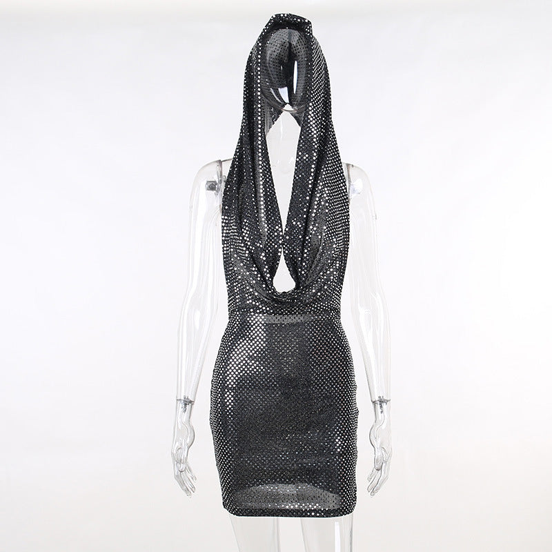 Party Bar Sheath Pockets Collar Halter Dress - Woman`s Clothing