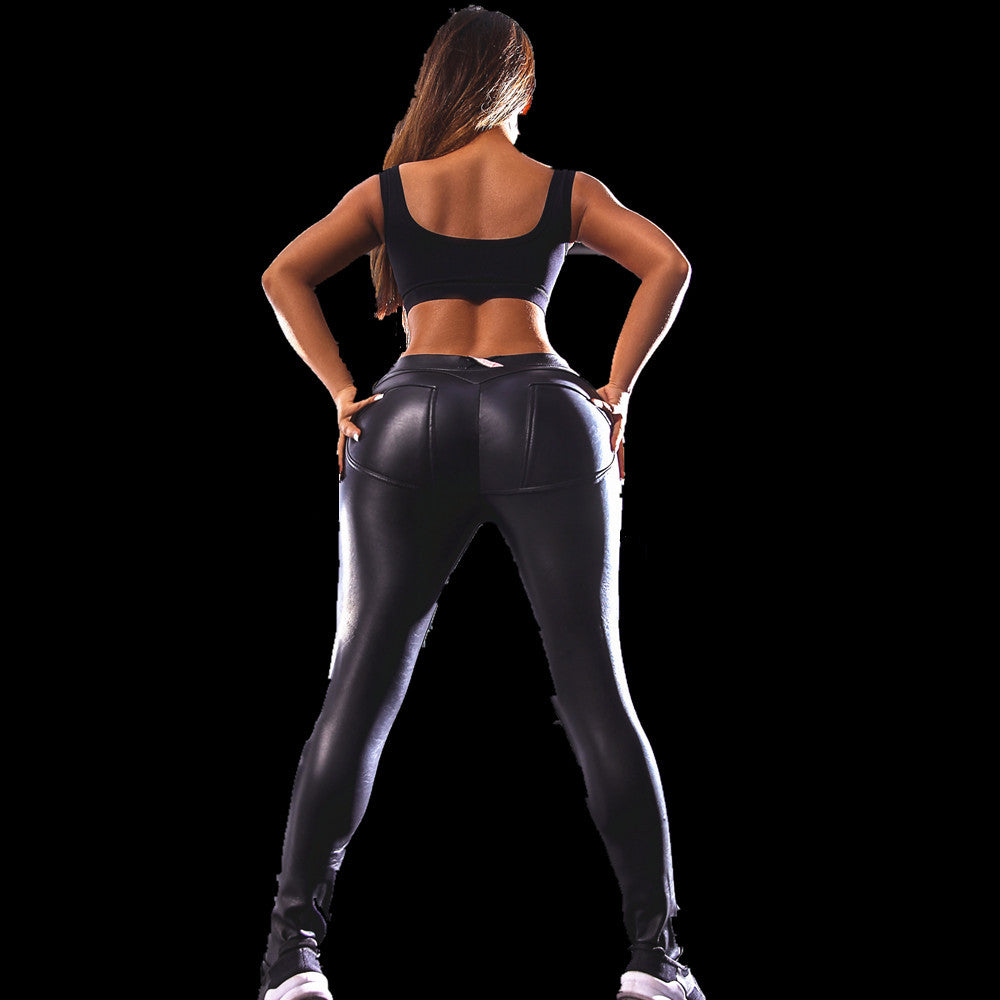 Low-rise peach elastic PU leather pants