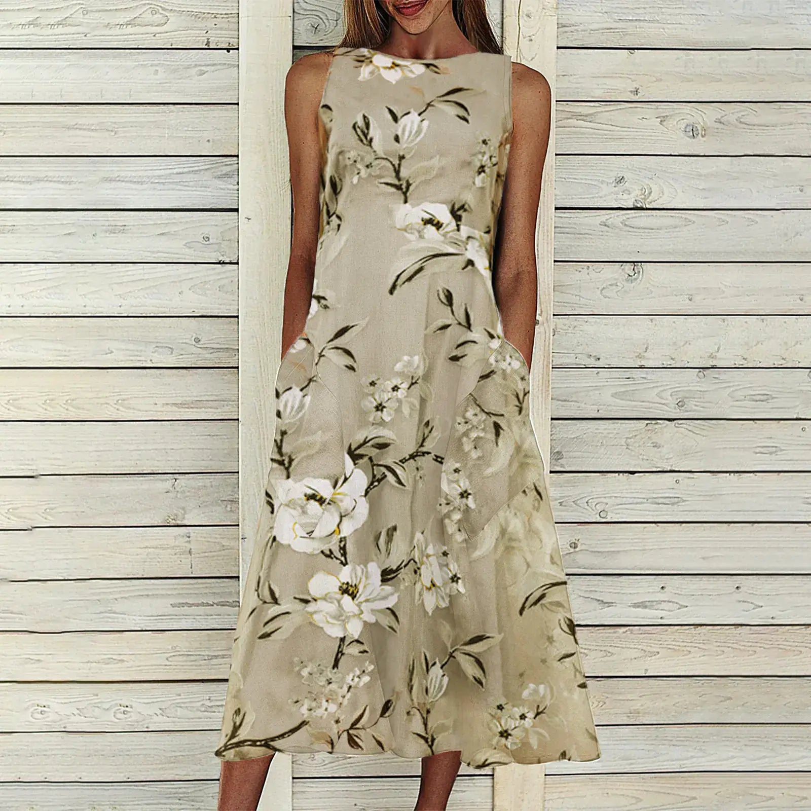 Floral Tunic Round Neck Mid-length A-line Dress