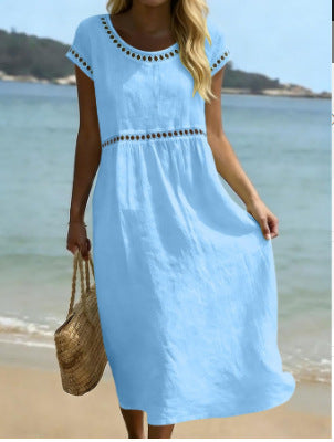 Elegant Round Neck Cotton Dress With Embroidered Lace Trim