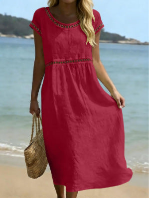 Elegant Round Neck Cotton Dress With Embroidered Lace Trim