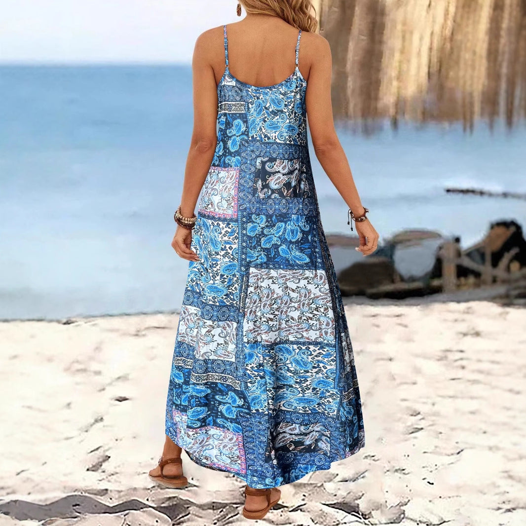 Resort-Style Printed Casual V-Neck Slip Dress With Straps - Woman`s Clothing
