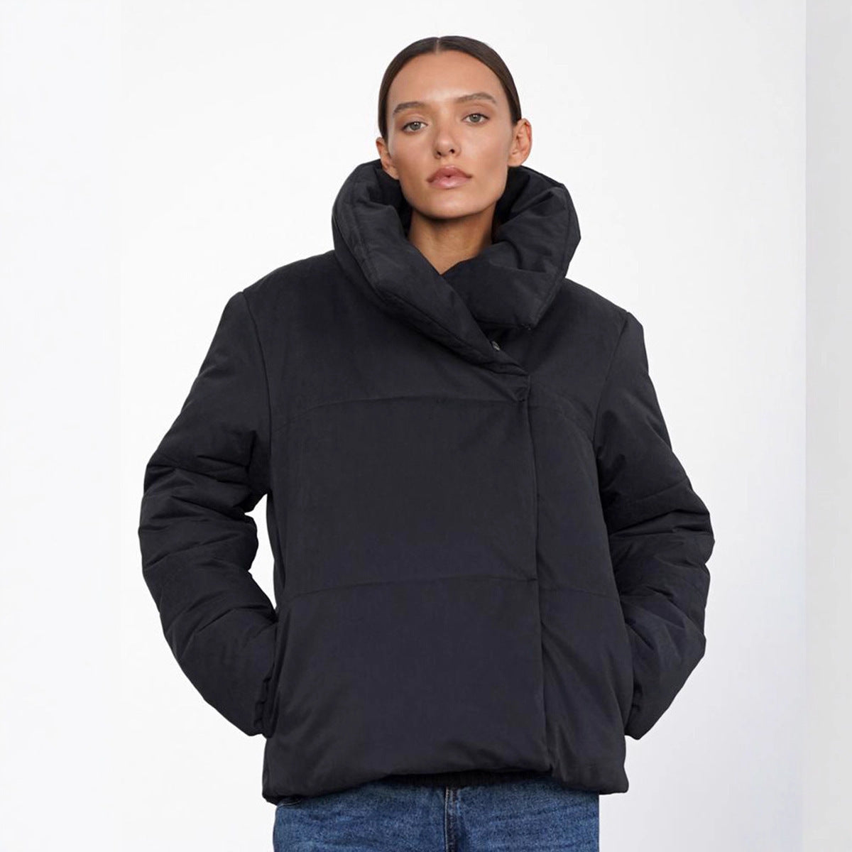 New Asymmetric Hidden Hook Warm Turtleneck Cotton-padded Jacket