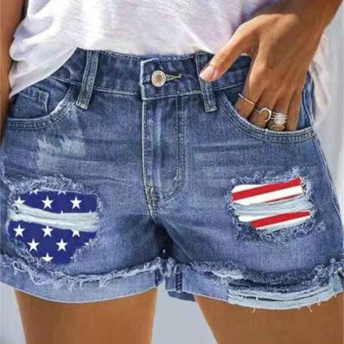 Woman`s Flag Printed Patch Denim Shorts