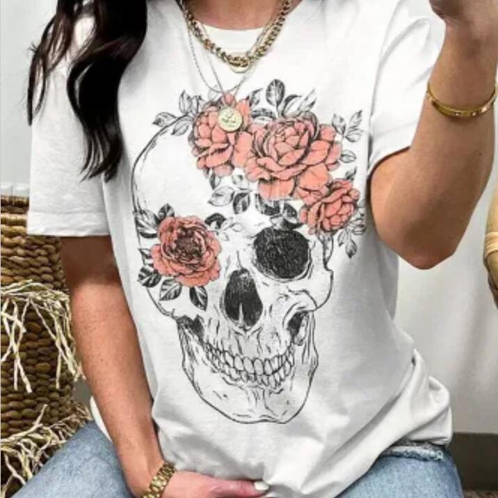 Skull-shaped White Flower Digital Printing T-shirt - Woman`s Clothing