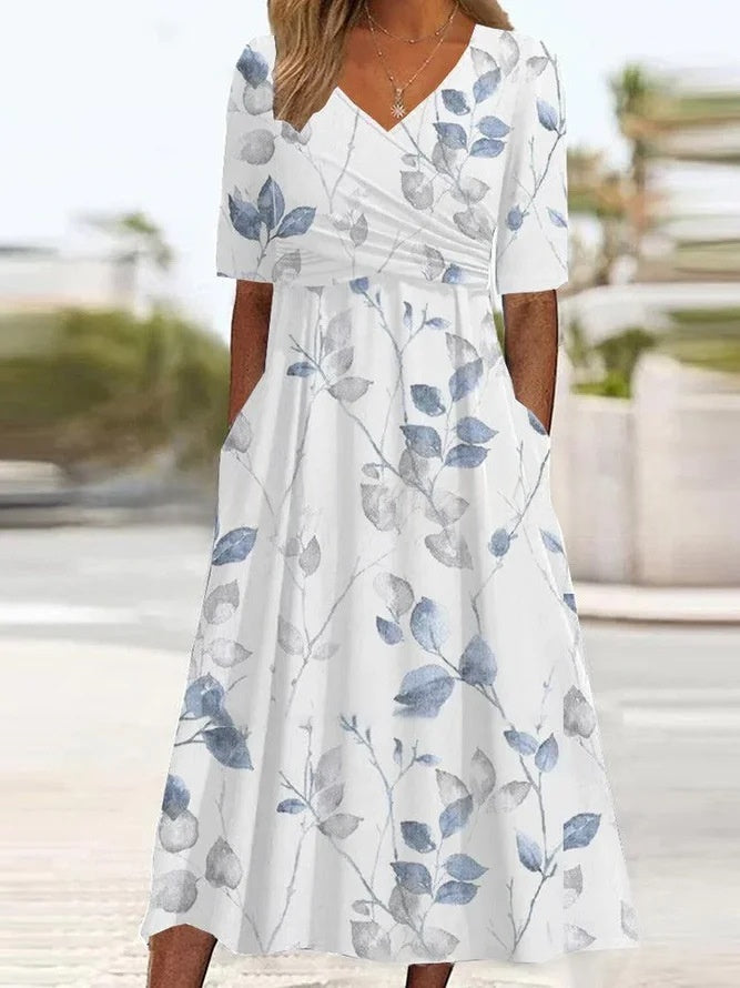 V-neck Short sleeve Belted Maxi Dress With Pockets - Woman`s Clothing