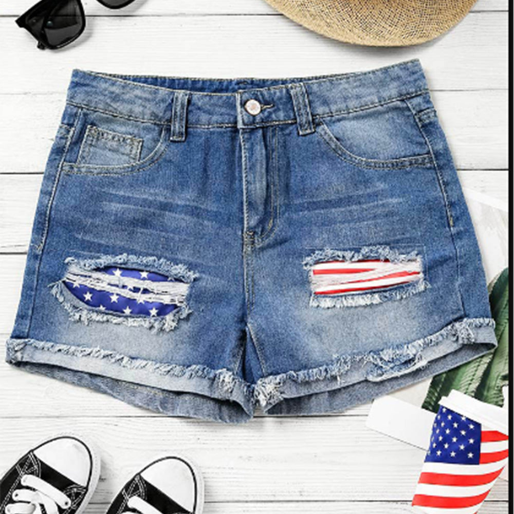 Woman`s Flag Printed Patch Denim Shorts