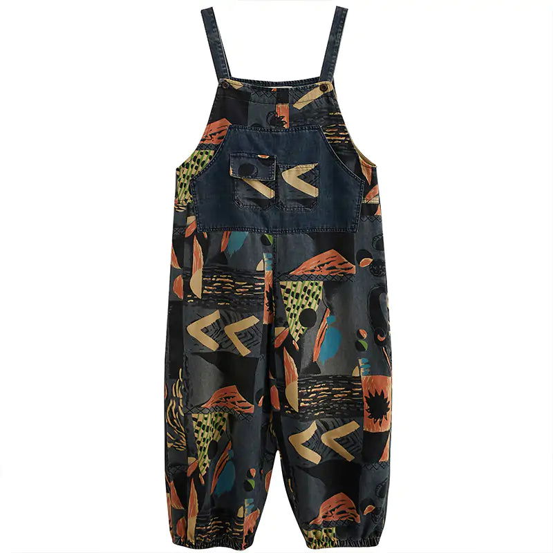 Abstract Print Denim Rompers - Woman`s Clothing