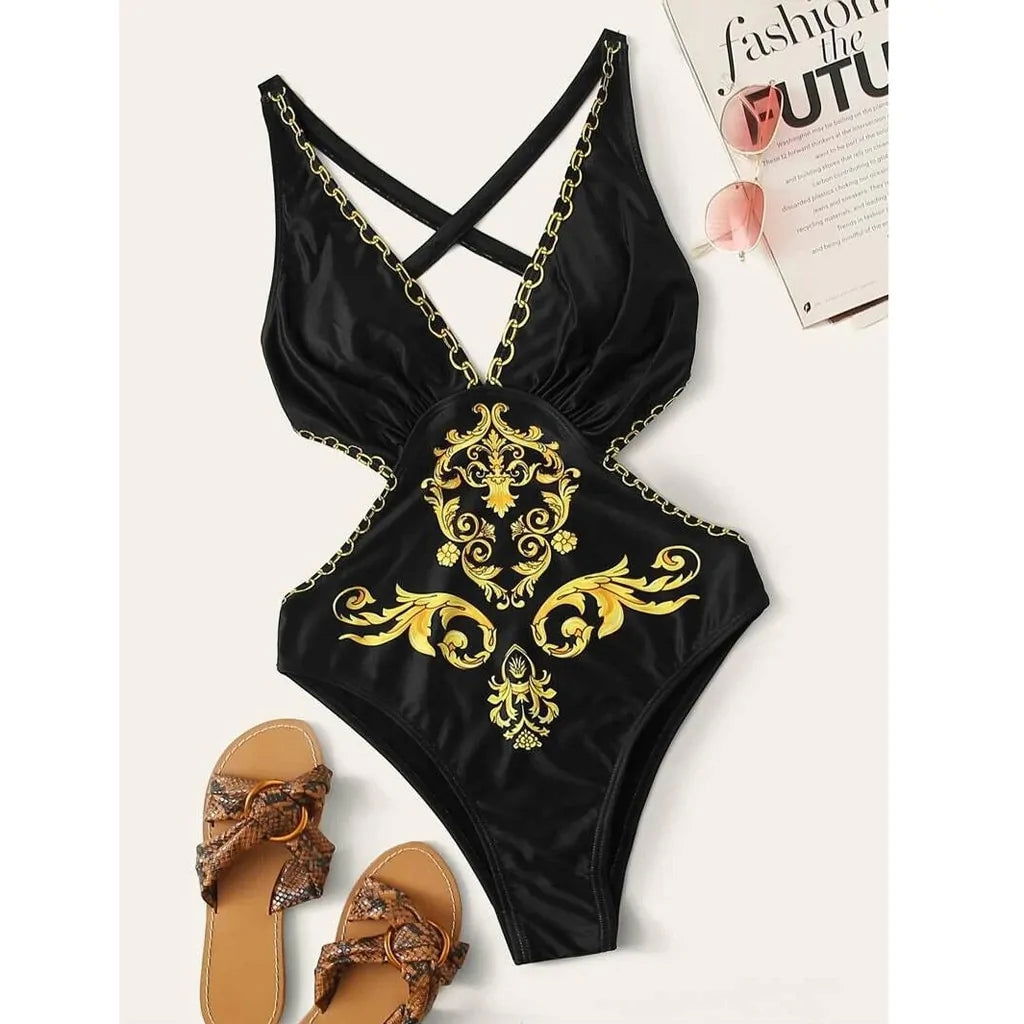 Baroque Print Criss Cross Monokini Swimsuit - Woman`s Clothing