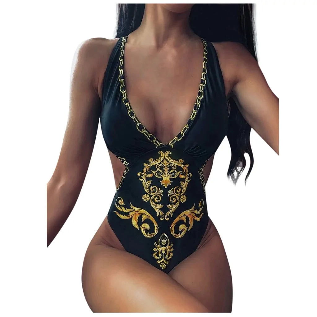 Baroque Print Criss Cross Monokini Swimsuit - Woman`s Clothing