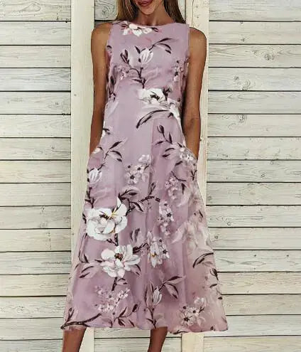 Floral Tunic Round Neck Mid-length A-line Dress