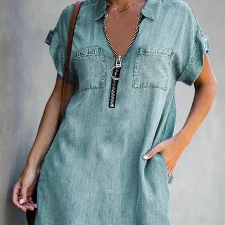 Denim Dress With Zip Closure - Woman`s Clothing