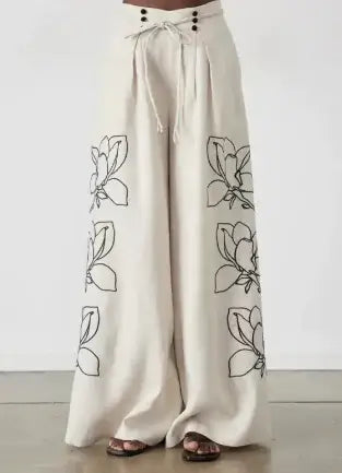 Spring/Summer Cotton-Linen Printed Wide-Leg Pants Suit Woman`s Clothing 59.00
