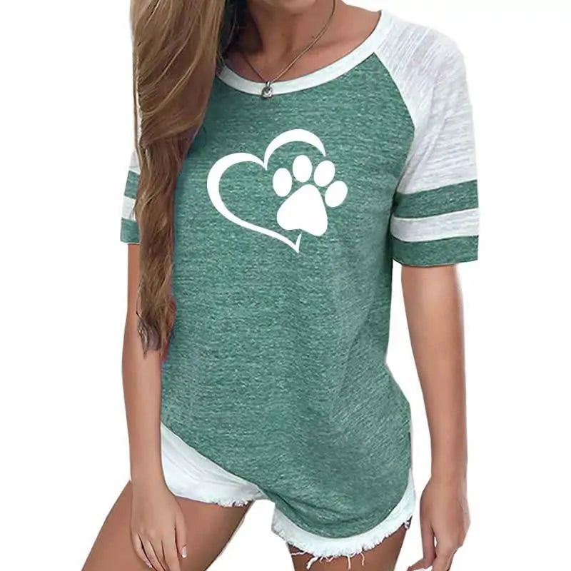 Dog Paw Print T-shirt Top - Woman`s Clothing