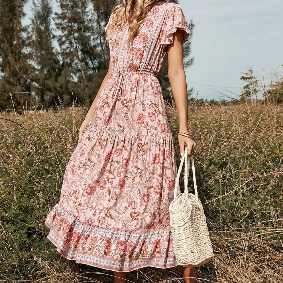 V-neck Floral Spring and Summer Dress Woman`s Clothing