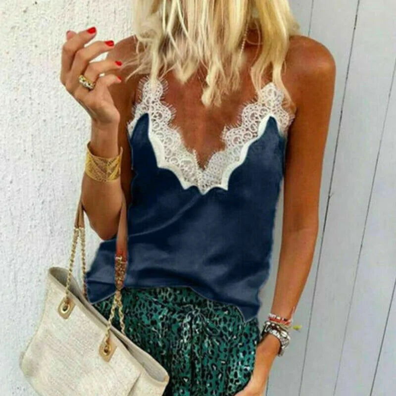 Gothic Lace Satin Silk Sequin Tank Top - Woman`s Clothing