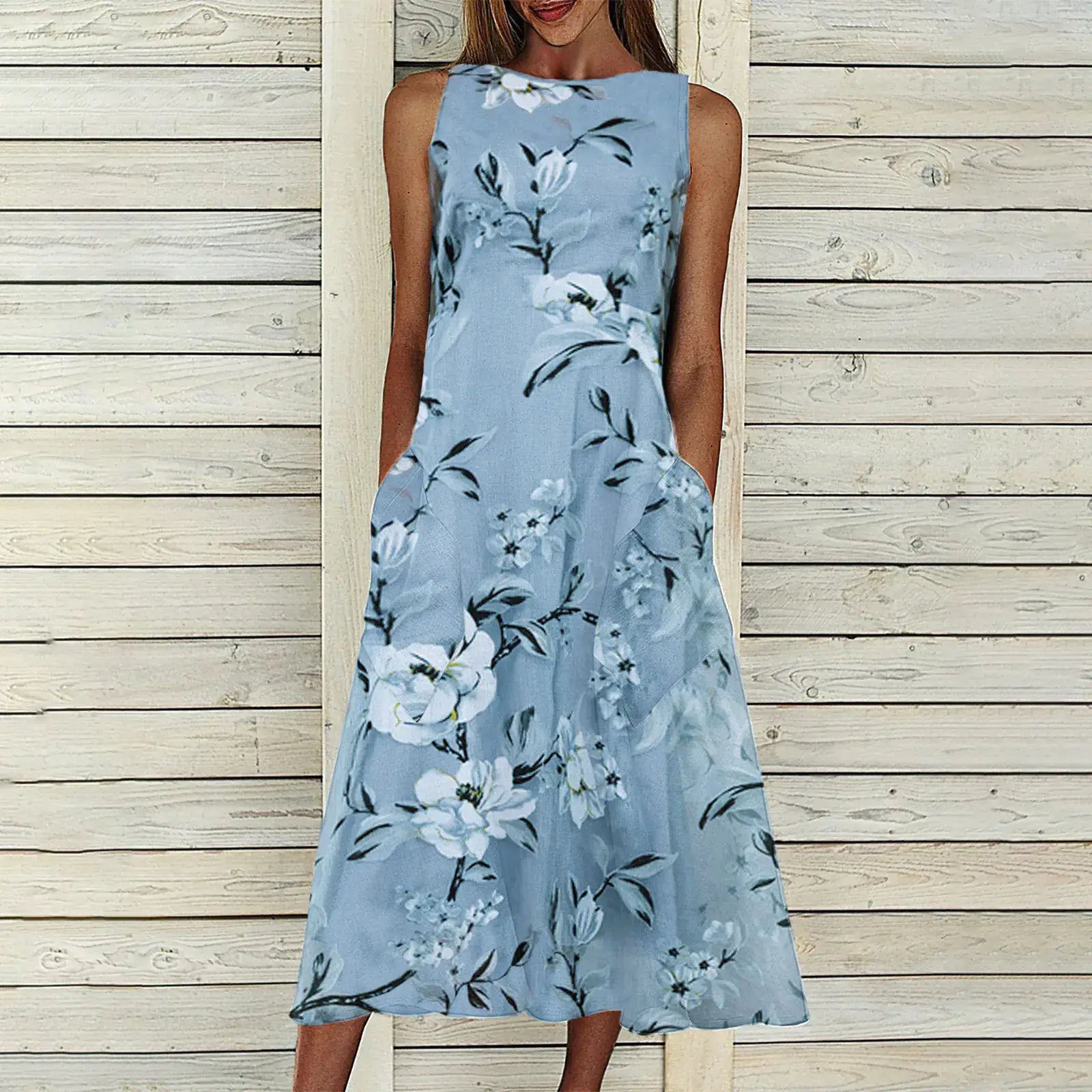 Floral Tunic Round Neck Mid-length A-line Dress