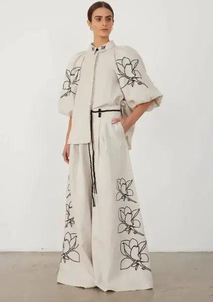 Spring/Summer Cotton-Linen Printed Wide-Leg Pants Suit Woman`s Clothing 59.00