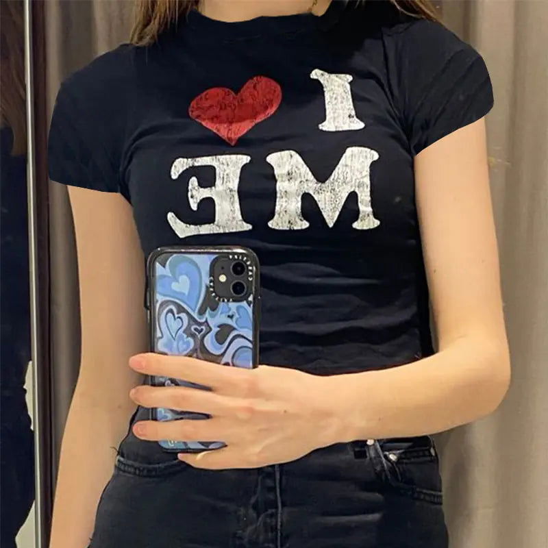 I LOVE ME Print Harajuku T-Shirt - Woman`s Clothing