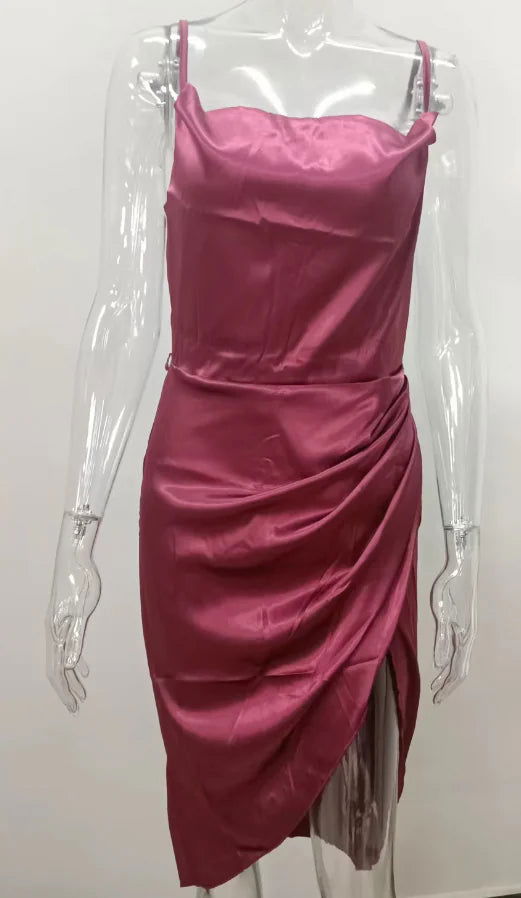 Midi Satin Split Adjustable Strap DressMidi Satin