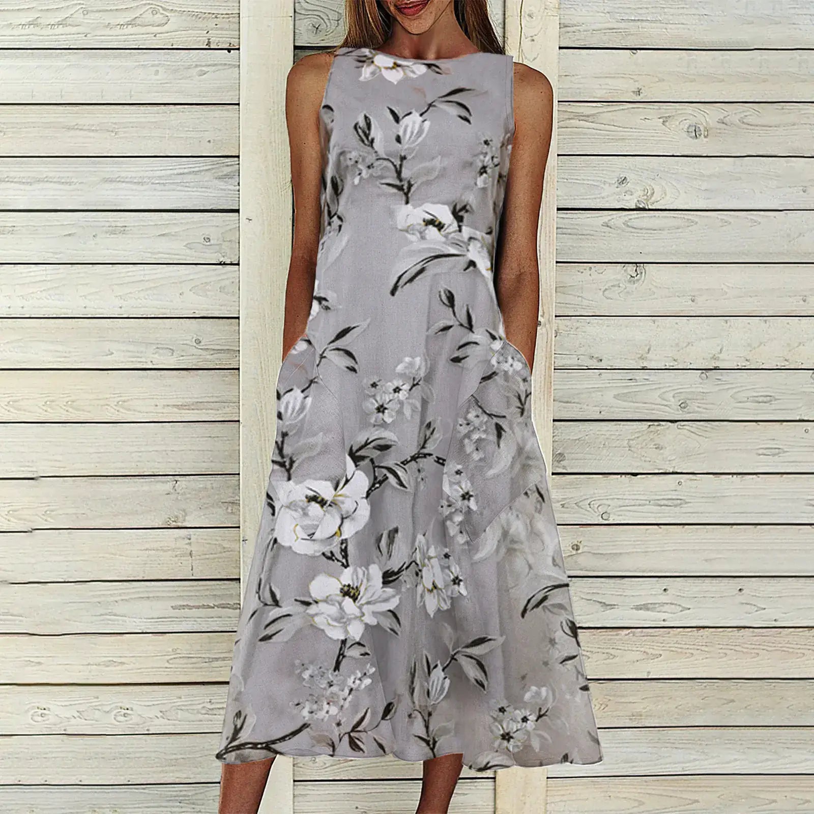 Floral Tunic Round Neck Mid-length A-line Dress