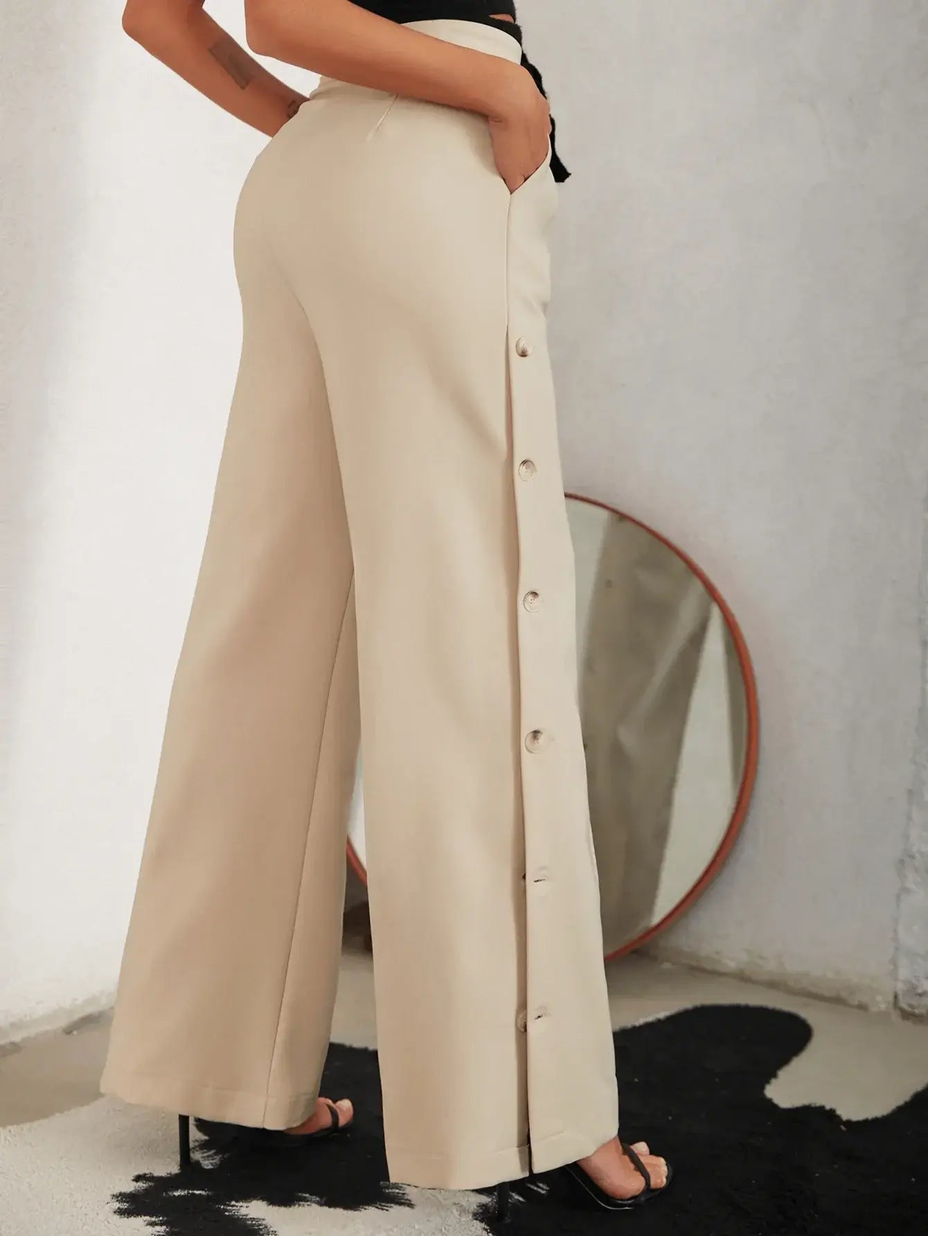 Side Button Pleated Wide Leg Pants Woman`s Clothing 49.00