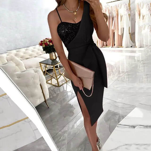 One Shoulder Sequin Ladies Dress - Woman`s Clothing