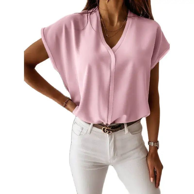 Pink Women’s Summer V Neck Chiffon Blouse T-shirt