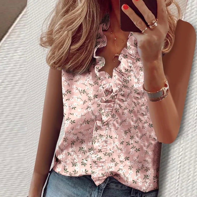 Print Summer Tank Top with Ruffles and V-neck - Woman`s Clothing