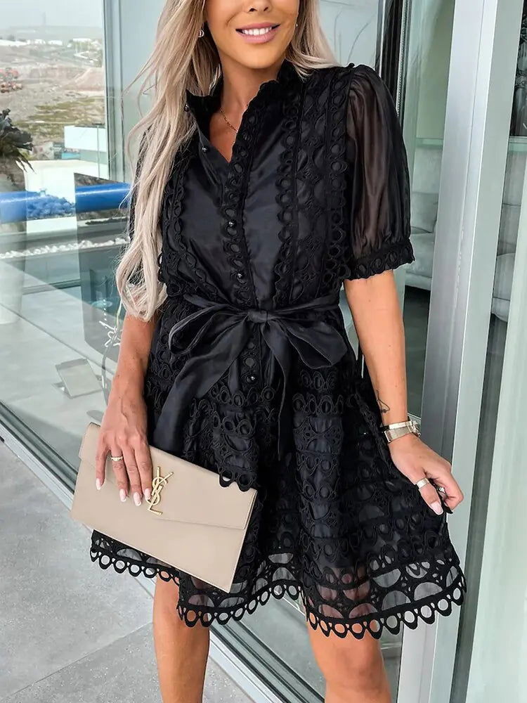 Short Sleeve Patchwork Lace Elegant Mini DressShort Sleeve