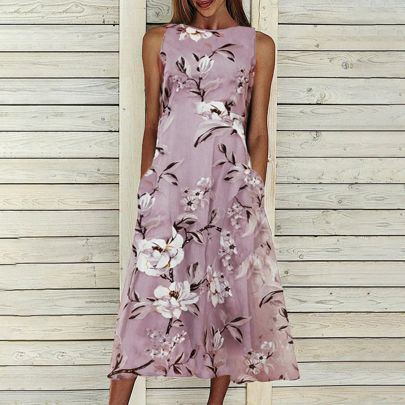 Floral Tunic Round Neck Mid-length A-line Dress