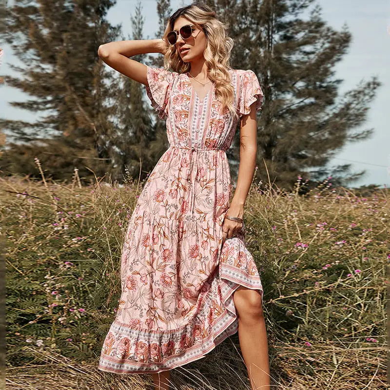 V-neck Floral Spring and Summer Dress Woman`s Clothing
