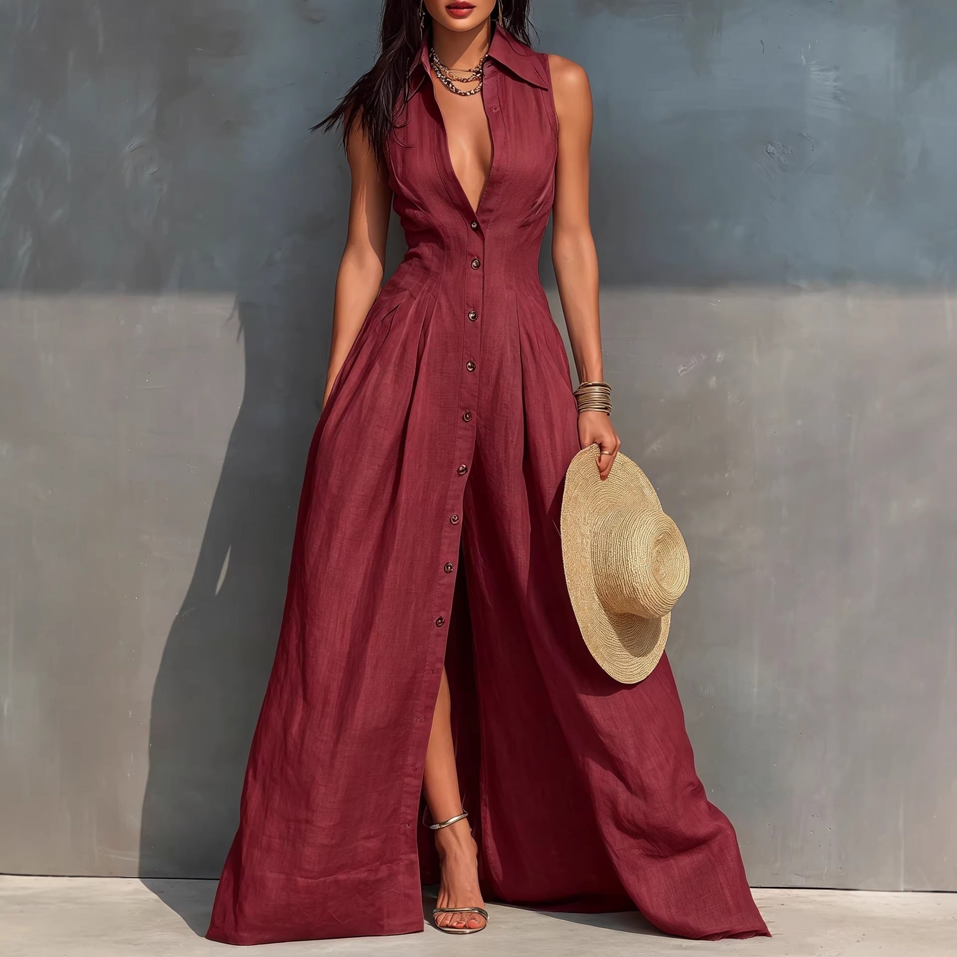 High Waisted Lapel Shirt Style Maxi Dress - Woman`s Clothing