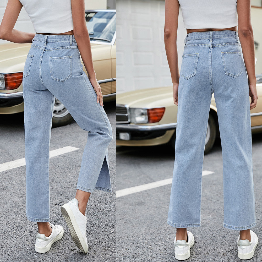 Woman`s Casual Side Slit All-match Jeans
