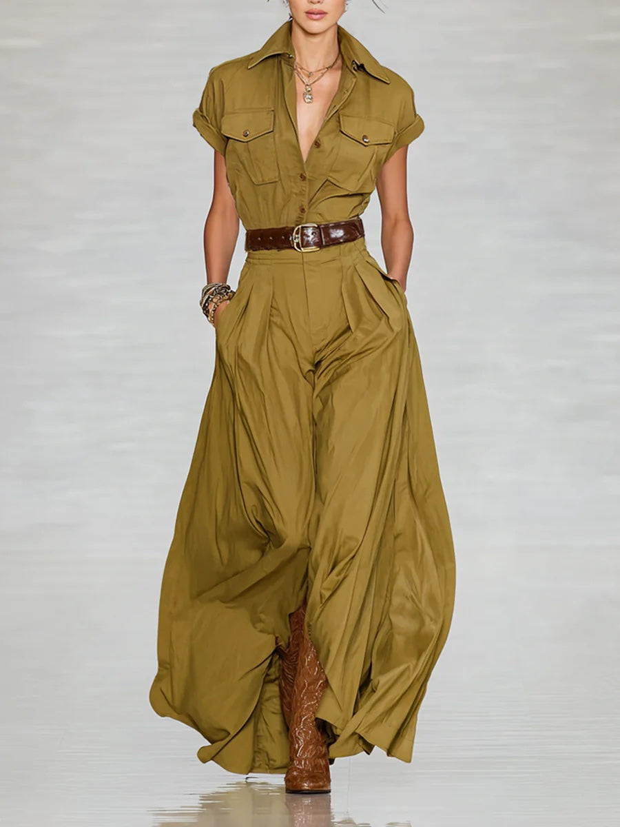 Short Sleeve Shirt Style Long Dress With Pockets - Woman`s Clothing