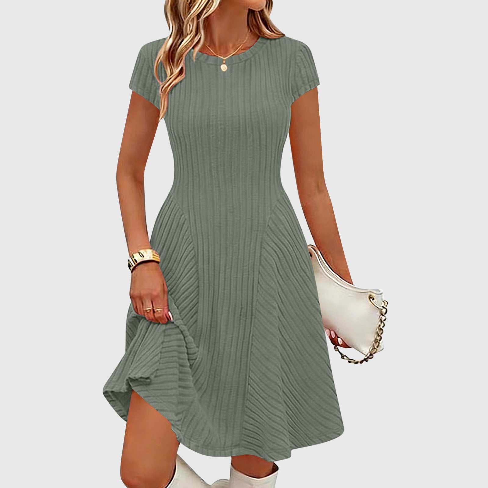 Irregularly Brushed Ribbed Solid Color Dress - Woman`s Clothing