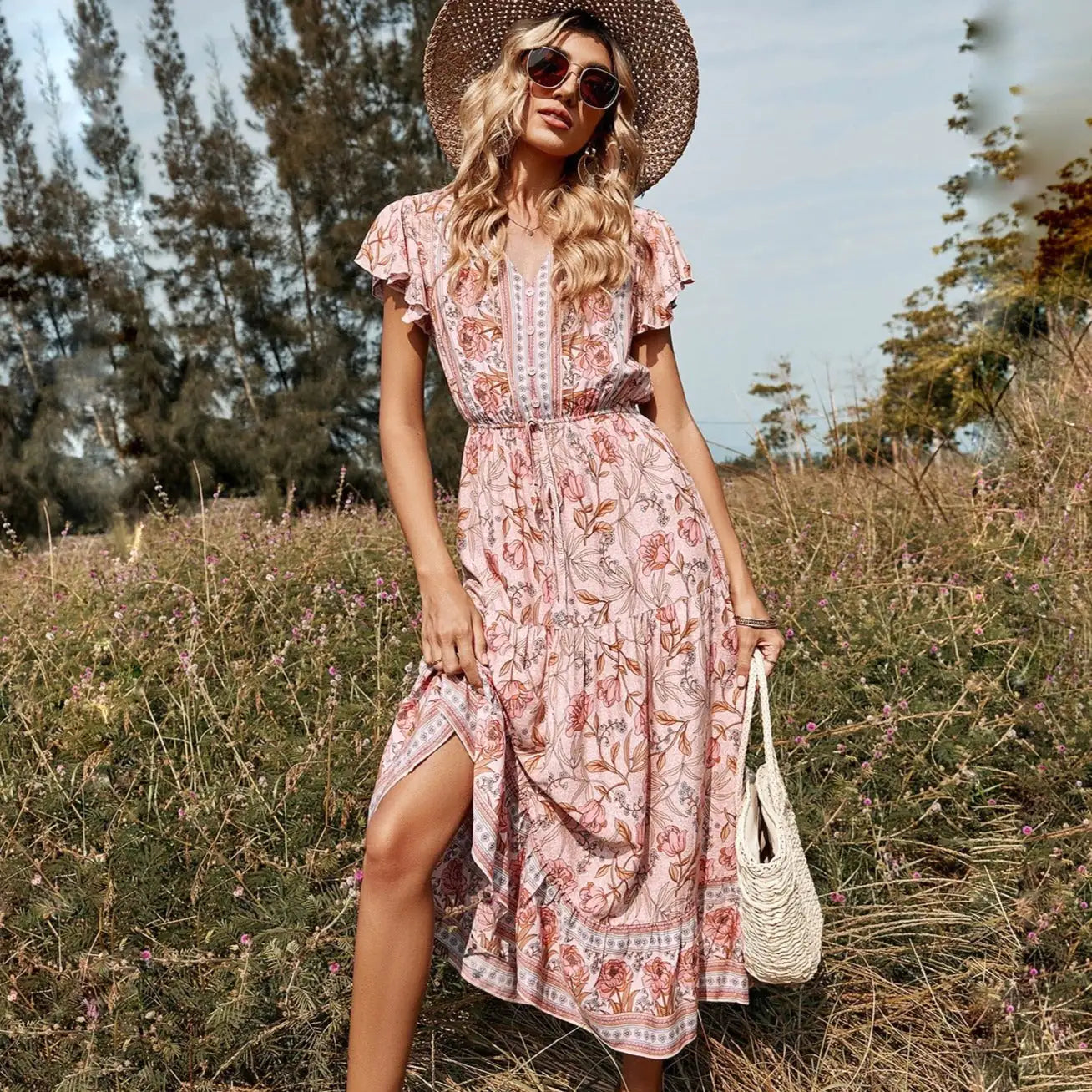 V-neck Floral Spring and Summer Dress Woman`s Clothing