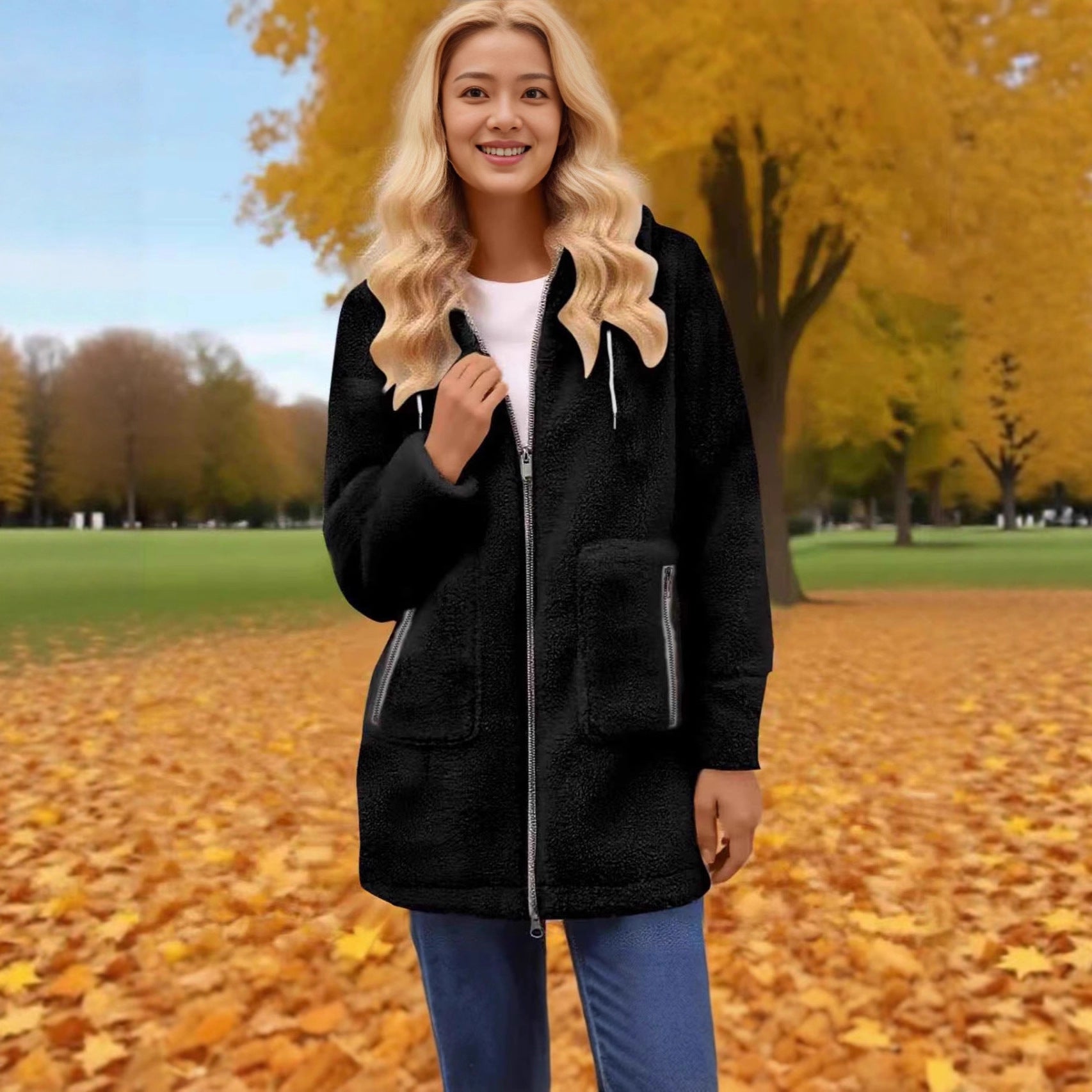 Fashionable Zipper Pocket Lamb Wool Coat