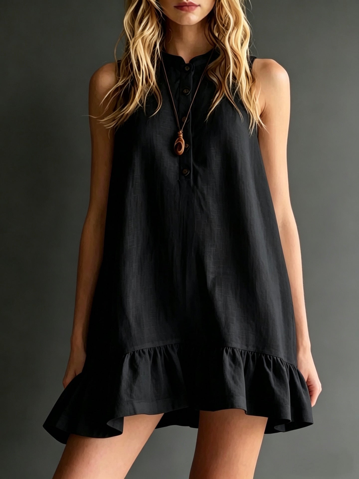 Cotton Solid Colour Stand Collar Sleeveless Ruffle Trim Dress - Woman`s Clothing