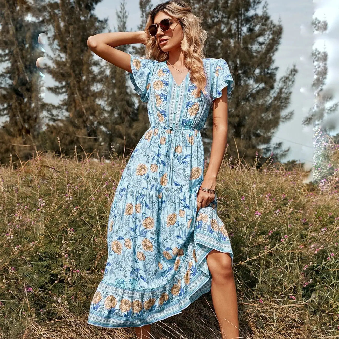 V-neck Floral Spring and Summer Dress Woman`s Clothing