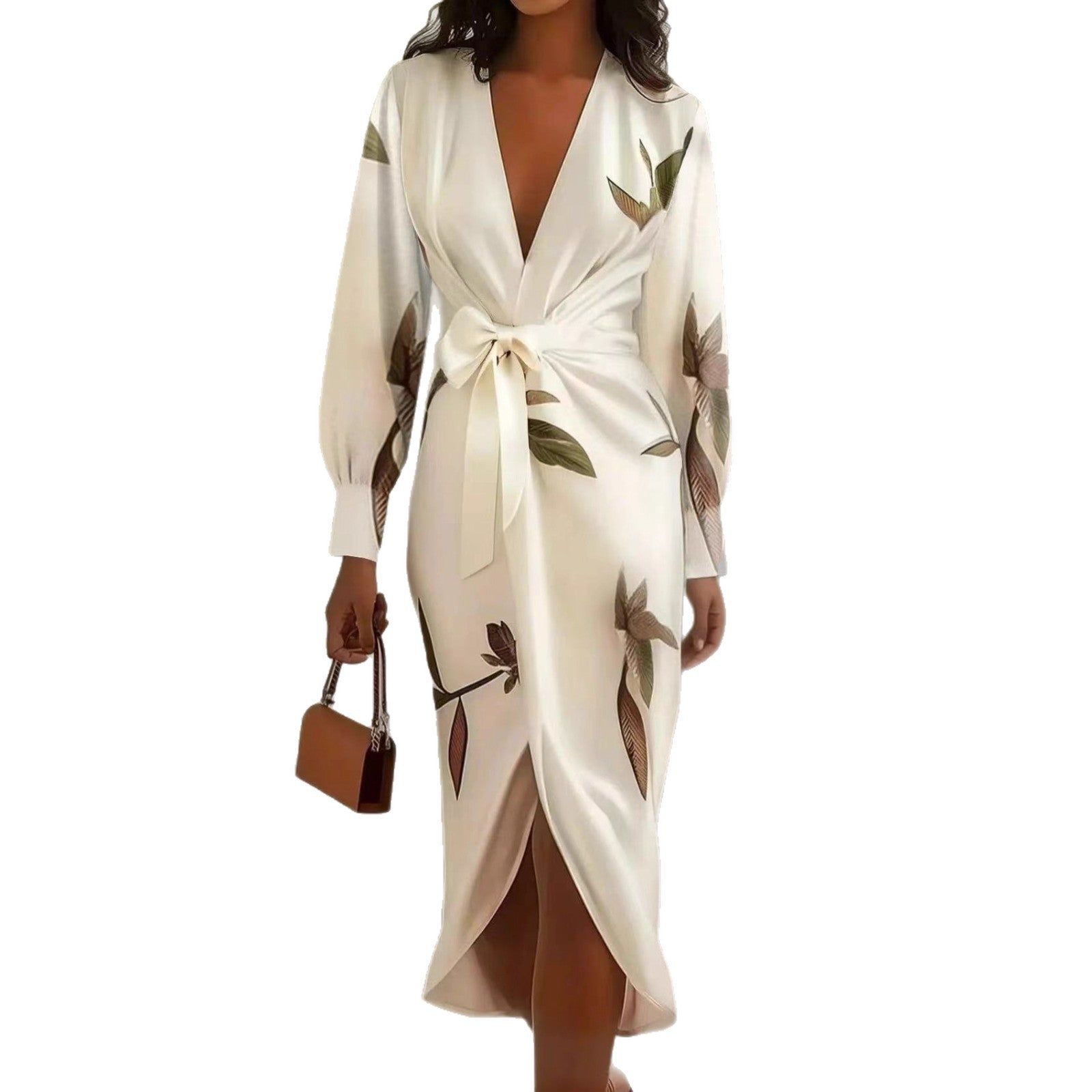 V-neck Long-sleeve Lace-up Printed Maxi Dress - Woman`s Clothing