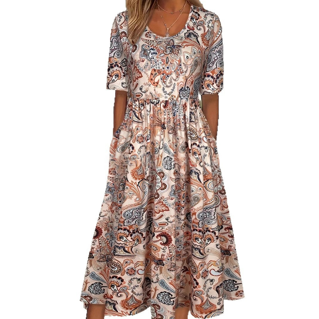 V-neck Short sleeve Belted Maxi Dress With Pockets - Woman`s Clothing