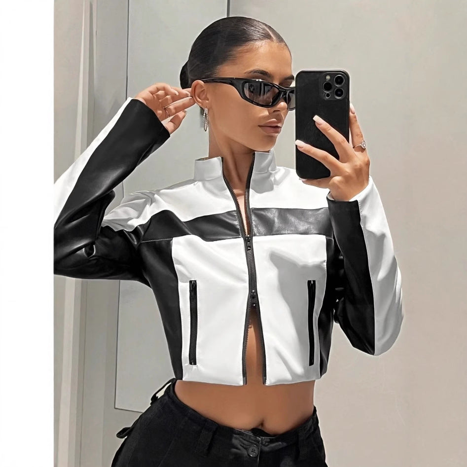 Black And White Contrast Colour Leather Jacket