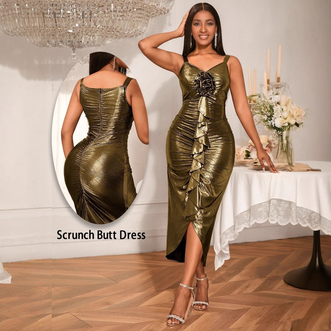 Female Solid Color Summer Sling Golden Party Dress - Woman`s Clothing