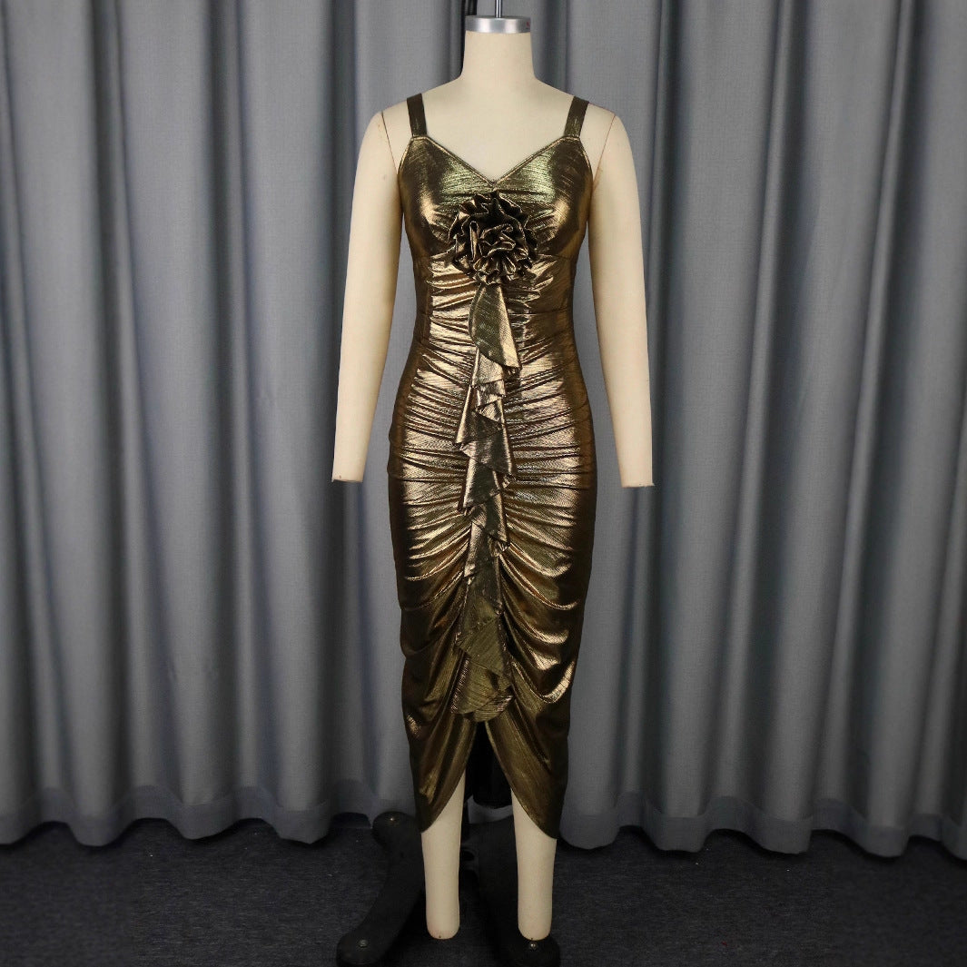Female Solid Color Summer Sling Golden Party Dress - Woman`s Clothing
